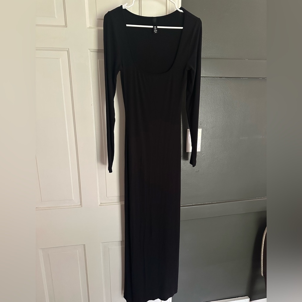 Skims Soft Lounge Long Sleeve Maxi Dress Square Neck Black Onyx Large Stretchy - Picture 3 of 7